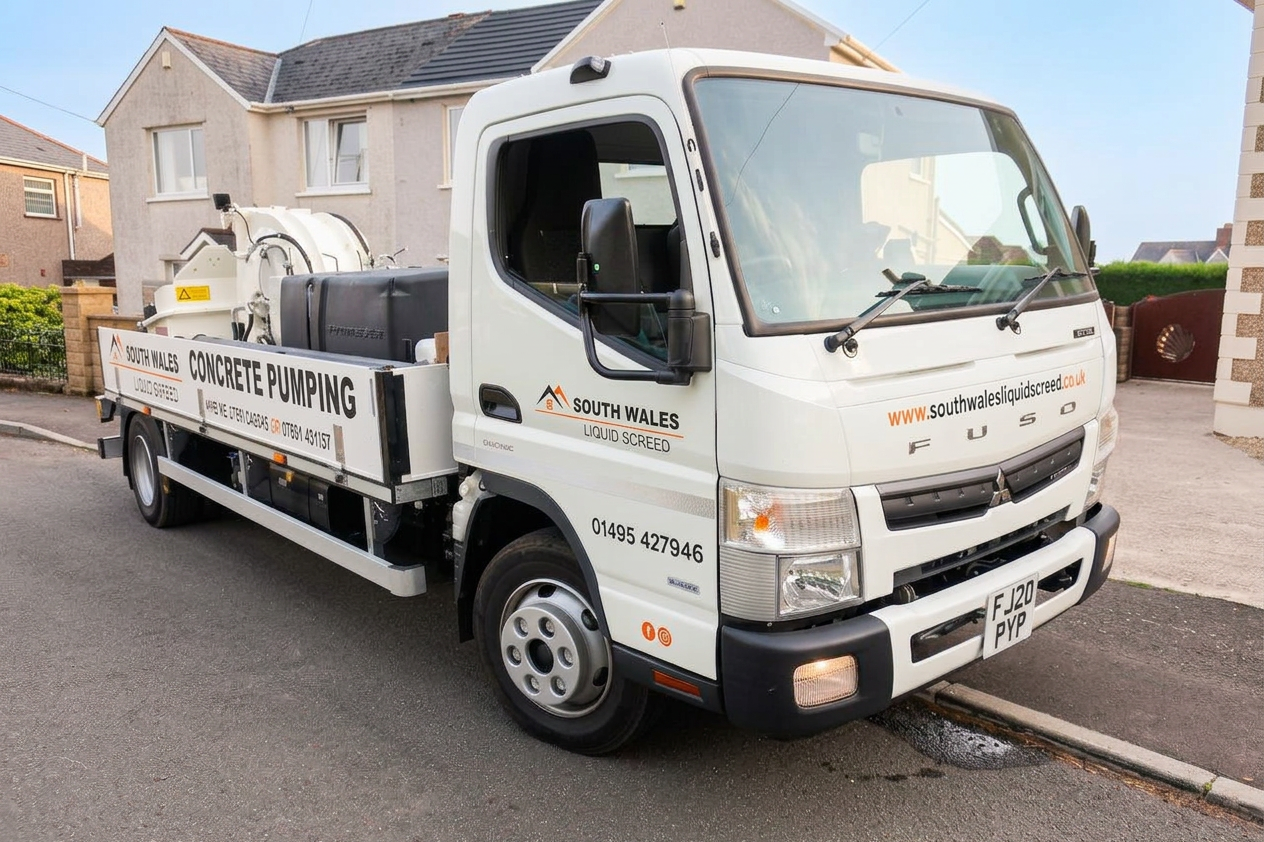 South Wales Liquid Screed branded concrete pumping truck parked on a Blackwood driveway